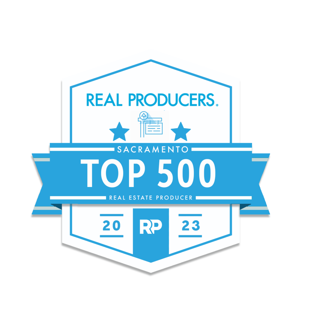 A badge that says " real producers sacramento top 5 0 0."