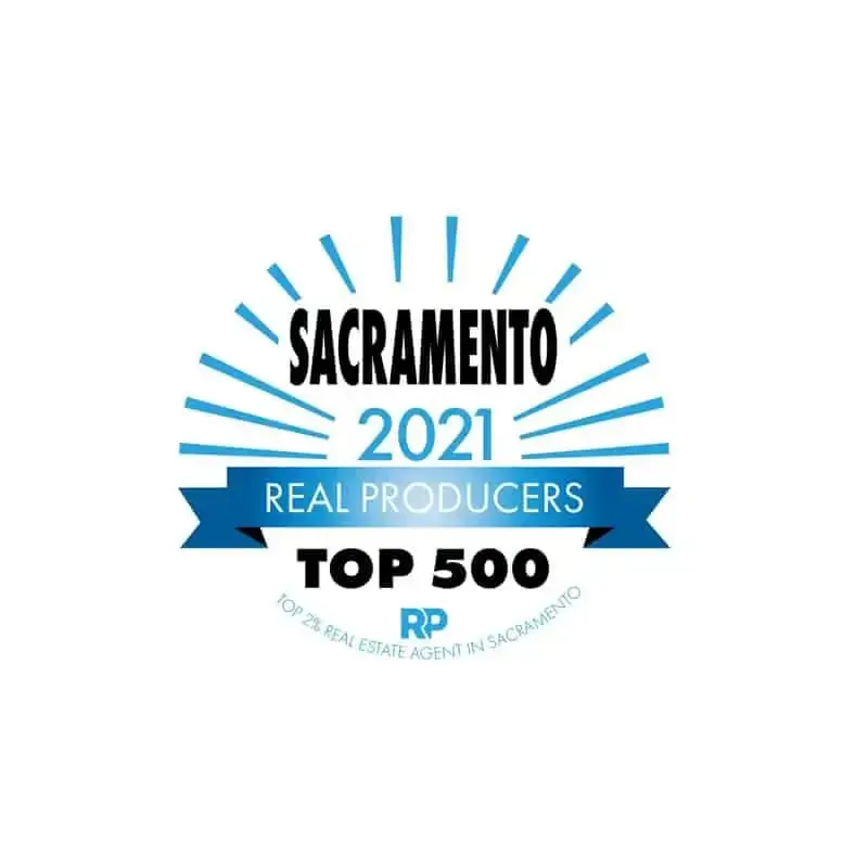 A blue and white logo with the words sacramento 2 0 2 1 real producers top 5 0 0.